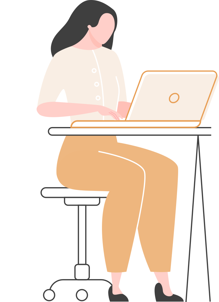 An illustration of a woman sitting on a stool and typing on her laptop